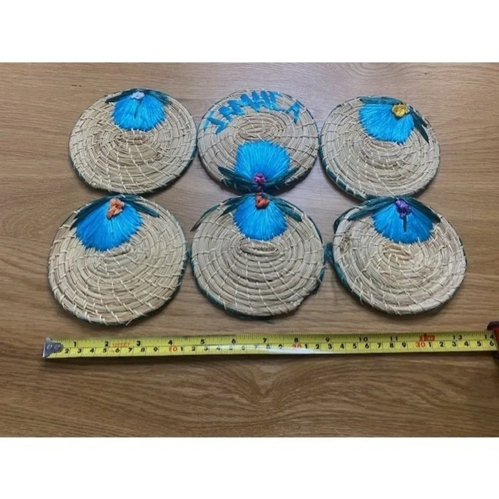 Unbranded Straw Coasters Set of 6 Tan Blue Good Jamaica Floral Woven Raffia